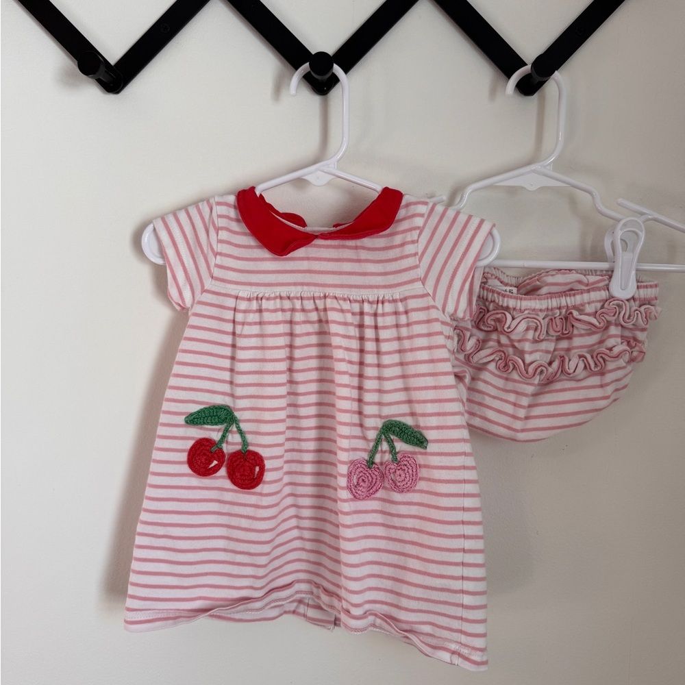 Baby Boden Pink Striped Dress with Cherry Design